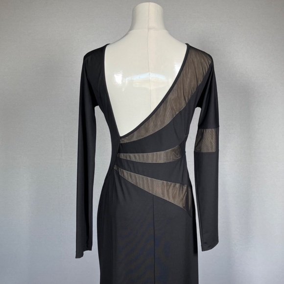 Black & Nude Mesh Sunburst Asymmetrical Long Cocktail Dress 8 - Picture 6 of 9